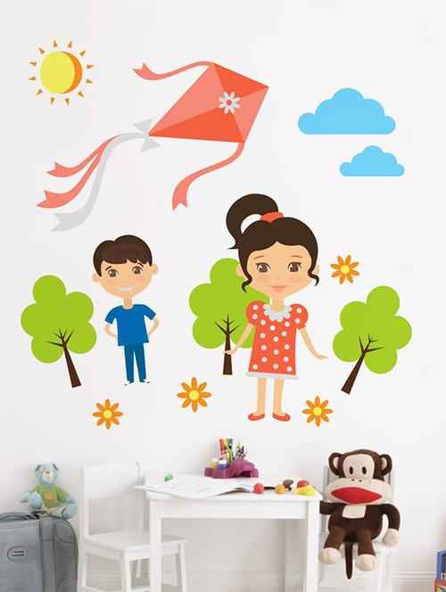Rawpockets Wall Decals ' Kids Playing Kite ' Wall stickers (PVC Vinyl) Multicolour - 15733559 - Standard Image - 1