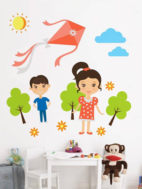 Rawpockets Wall Decals ' Kids Playing Kite ' Wall stickers (PVC Vinyl) Multicolour - 15733559 - Zoom Image - 1