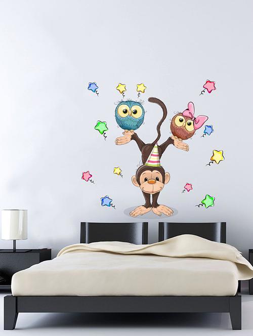 Rawpockets Wall Decals ' Cartoon Monkey n Owl Wall Sticker ' Wall stickers (PVC Vinyl) Multicolour - 15733638 - Standard Image - 1