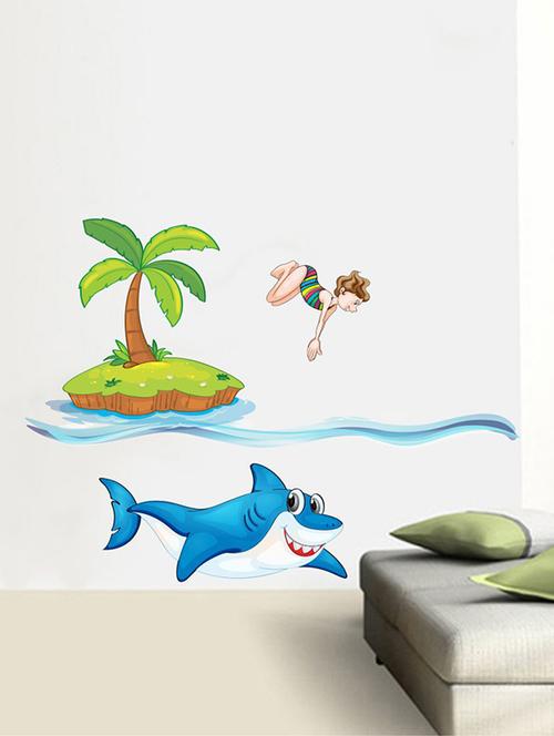 Rawpockets Wall Decals ' Shark and Sea Diving Wall Sticker ' Wall stickers (PVC Vinyl) Multicolour - 15733658 - Standard Image - 1