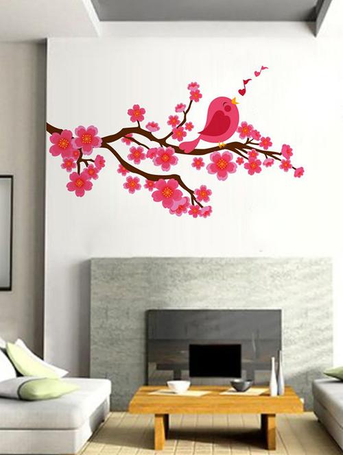 Rawpockets Wall Decals ' Pink Flower and Bird Wall Sticker ' Wall stickers (PVC Vinyl) Multicolour - 15733703 - Standard Image - 1