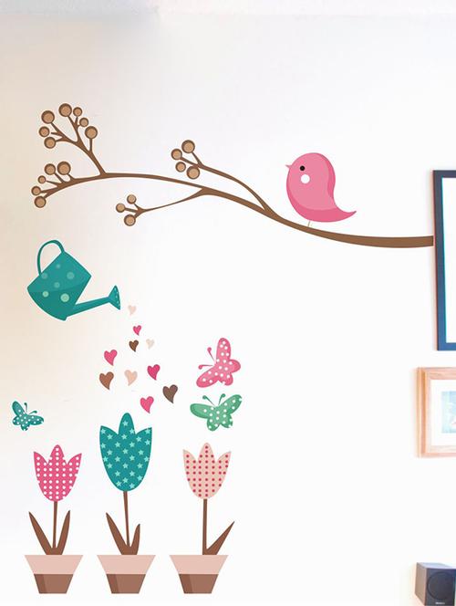 rawpockets wall decals ' flower pot and pink bird wall sticker ' wall stickers (pvc vinyl) multicolour - 15733713 - Very Small Image - 1