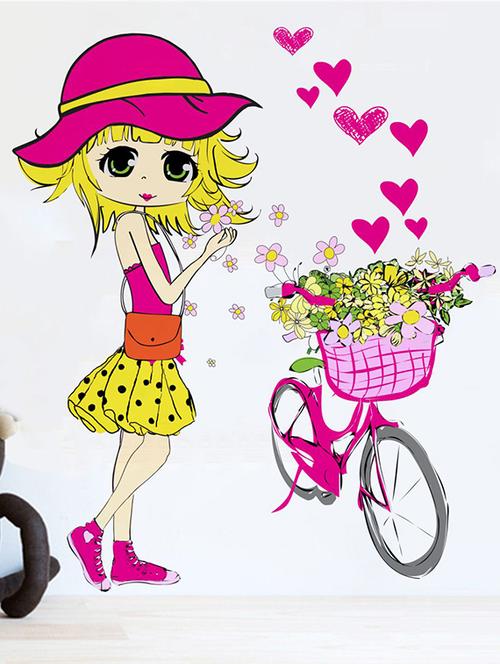 Rawpockets Wall Decals ' Cute Girl and Cycle ' Wall stickers (PVC Vinyl) Multicolour - 15733727 - Standard Image - 1