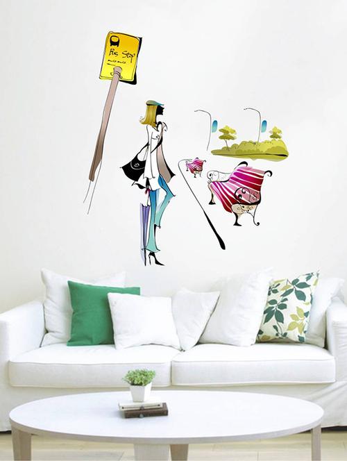 Rawpockets Wall Decals ' Girl at Bus stop ' Wall stickers (PVC Vinyl) Multicolour - 15733752 - Standard Image - 1
