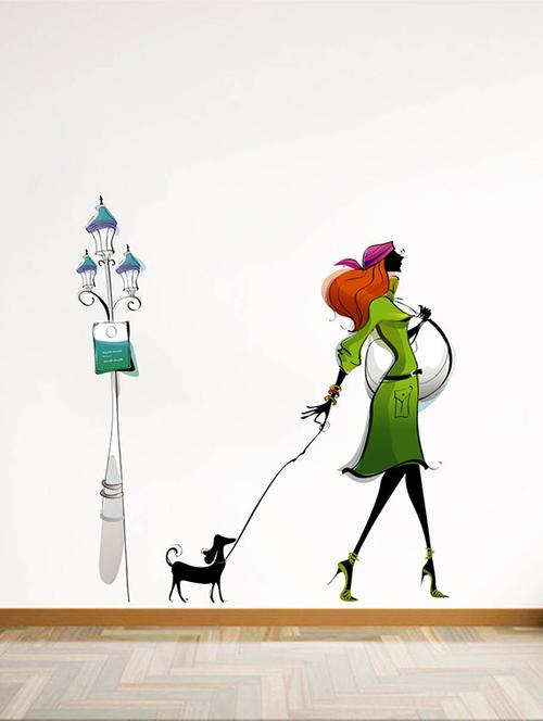 Rawpockets Wall Decals ' Lady with Dog ' Wall stickers (PVC Vinyl) Multicolour - 15733753 - Standard Image - 1