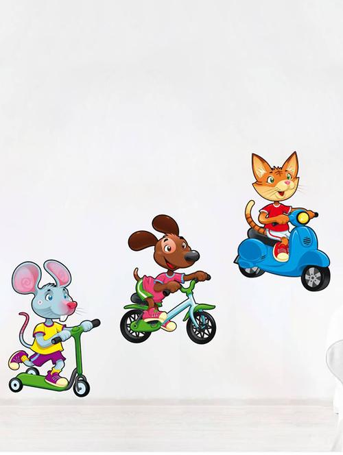 Rawpockets Wall Decals ' Kids Room : Pet Animals Riding Vehicles ' Wall stickers (PVC Vinyl) Multicolour - 15733851 - Standard Image - 1