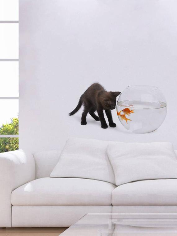 Rawpockets Wall Decals ' Cat and Fish Bowl Abstract ' Wall stickers (PVC Vinyl) Multicolour - 15733902 - Zoom Image - 1
