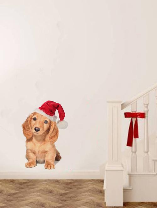 Rawpockets Wall Decals ' Dog with Christmas Cap ' Wall stickers (PVC Vinyl) Multicolour - 15733903 - Standard Image - 1