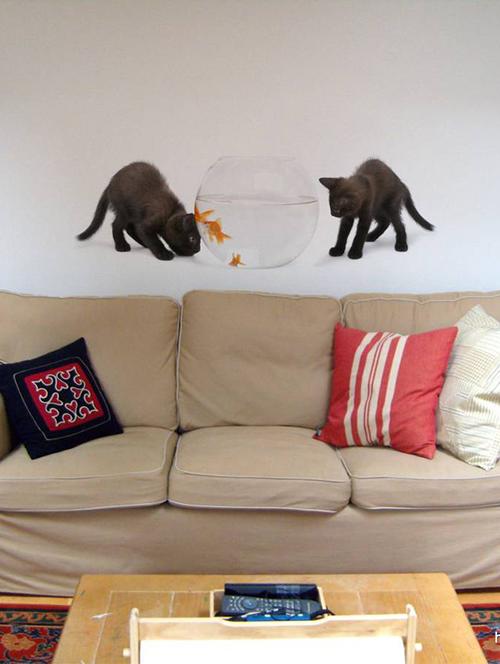 Rawpockets Wall Decals ' Cats and Fish Bowl ' Wall stickers (PVC Vinyl) Multicolour - 15733908 - Standard Image - 1