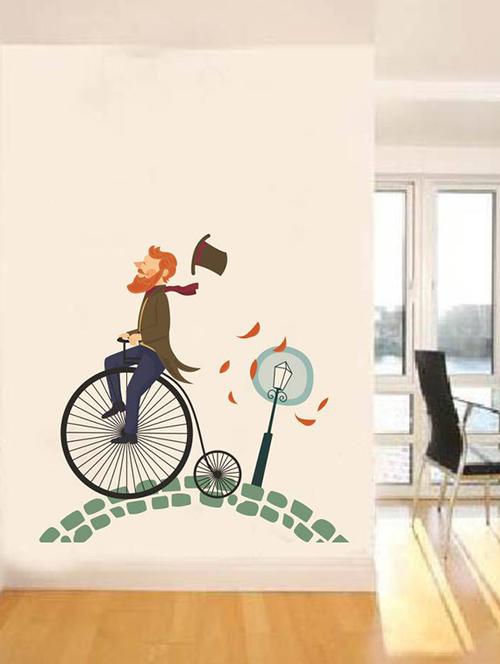 Rawpockets Wall Decals ' Beard Man on Big Cycle ' Wall stickers (PVC Vinyl) Multicolour - 15733917 - Standard Image - 1