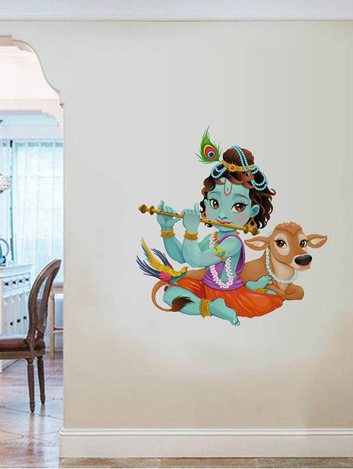 Rawpockets Wall Decals ' Lord Krishna Playing Flute with Cow ' Wall stickers (PVC Vinyl) Multicolour - 15733944 - Standard Image - 1