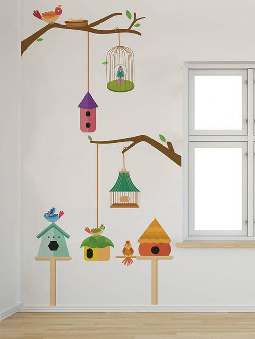 Rawpockets Wall Decals ' Birds family and their Cage ' Wall stickers (PVC Vinyl) Multicolour - 15733962 - Standard Image - 1