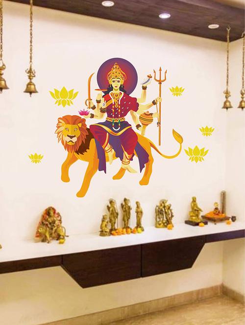Rawpockets Wall Decals ' Goddess Durga with Lion and Lotus Flower ' Wall stickers (PVC Vinyl) Multicolour - 15733965 - Standard Image - 1