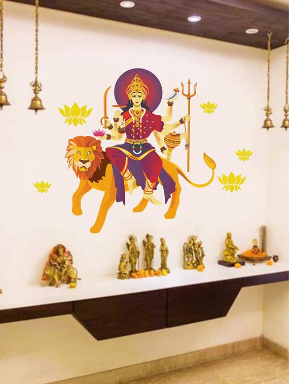 Rawpockets Wall Decals ' Goddess Durga with Lion and Lotus Flower ' Wall stickers (PVC Vinyl) Multicolour - 15733965 - Zoom Image - 1