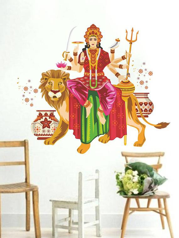Rawpockets Wall Decals ' Goddess Durga with Lion ' Wall stickers (PVC Vinyl) Multicolour - 15733966 - Zoom Image - 1