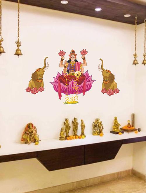 rawpockets wall decals ' goddess laxmi with elephant ' wall stickers (pvc vinyl) multicolour - 15733977 - Very Small Image - 1