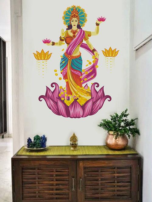 rawpockets wall decals ' goddess lakshmi on lotus flower blessing gold ' wall stickers (pvc vinyl) multicolour - 15733990 - Very Small Image - 1