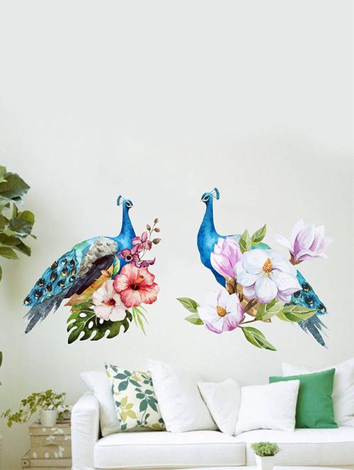 Rawpockets Wall Decals ' Peacock Pair on Flowers ' Wall stickers (PVC Vinyl) Multicolour - 15734022 - Standard Image - 1