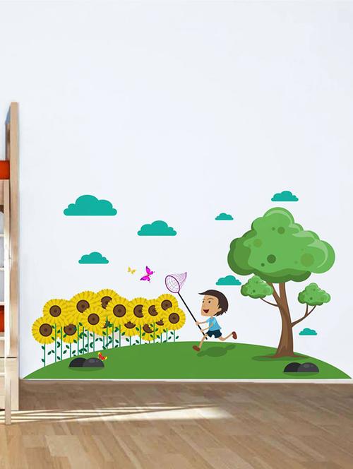 Rawpockets Wall Decals ' Nature Flower Boy Catching Butterfly ' Wall stickers (PVC Vinyl) Multicolour - 15734042 - Standard Image - 1