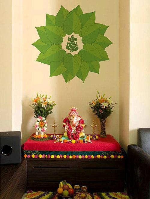 Rawpockets Wall Decals ' Lord Ganesha Green Decorative Leaves ' Wall stickers (PVC Vinyl) Multicolour - 15734092 - Standard Image - 1