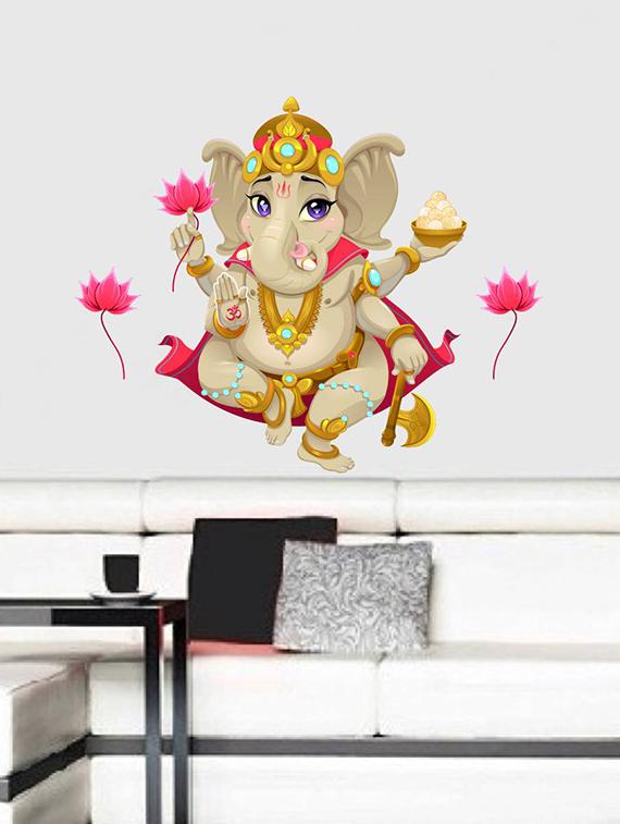 Rawpockets Wall Decals ' Lord Ganesha with Lotus Flower ' Wall stickers (PVC Vinyl) Multicolour - 15734096 - Zoom Image - 1