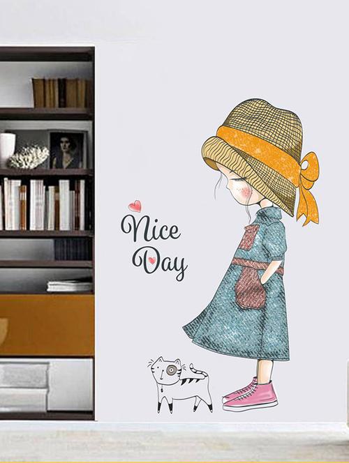 Rawpockets Wall Decals ' Girl and Cat Nice Day ' Wall stickers (PVC Vinyl) Multicolour - 15734098 - Standard Image - 1