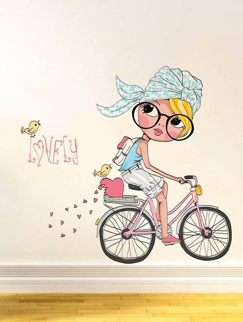 Rawpockets Wall Decals ' Girl on a Cycle and Love Birds ' Wall stickers (PVC Vinyl) Multicolour - 15734099 - Standard Image - 1