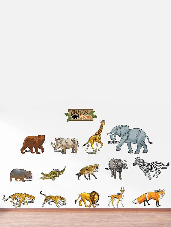 Rawpockets Wall Decals ' Caution Wild animals - Kids Room ' Wall stickers (PVC Vinyl) Multicolour - 15734122 - Zoom Image - 1