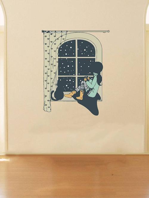 Rawpockets Wall Decals ' Girl and Cat on a False Window ' Wall stickers (PVC Vinyl) Multicolour - 15734124 - Standard Image - 1