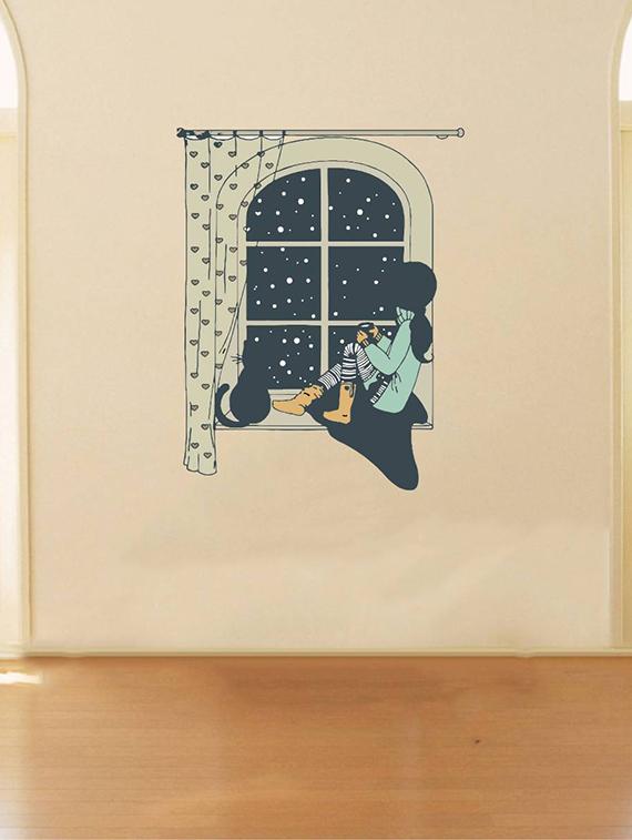 Rawpockets Wall Decals ' Girl and Cat on a False Window ' Wall stickers (PVC Vinyl) Multicolour - 15734124 - Zoom Image - 1