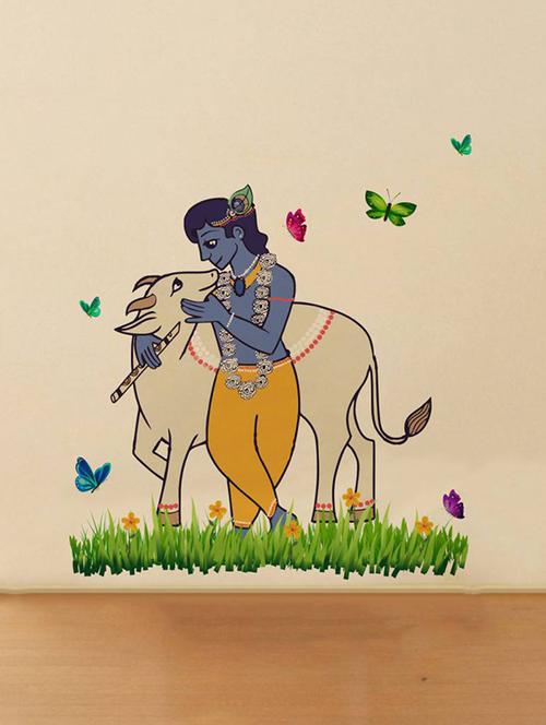 Rawpockets Wall Decals ' Lord Krishna and Cow Nature ' Wall stickers (PVC Vinyl) Multicolour - 15734133 - Standard Image - 1