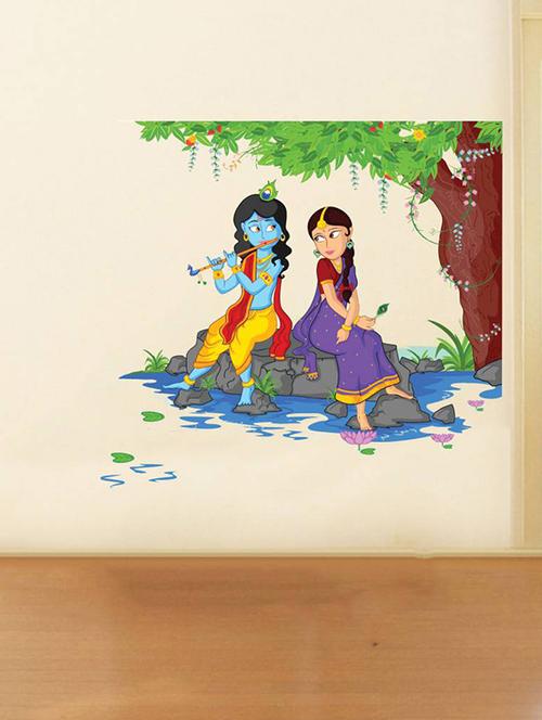 Rawpockets Wall Decals ' Lord Krishna Playing Flute with Radha on River Bed ' Wall stickers (PVC Vinyl) Multicolour - 15734135 - Standard Image - 1