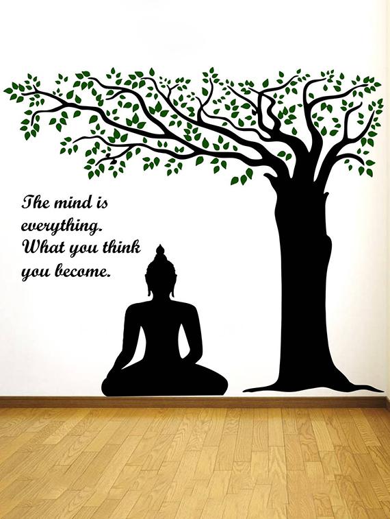 Rawpockets Wall Decals ' Lord Buddha under Tree and Quote on Mind ' Wall stickers (PVC Vinyl) Multicolour - 15734143 - Zoom Image - 1