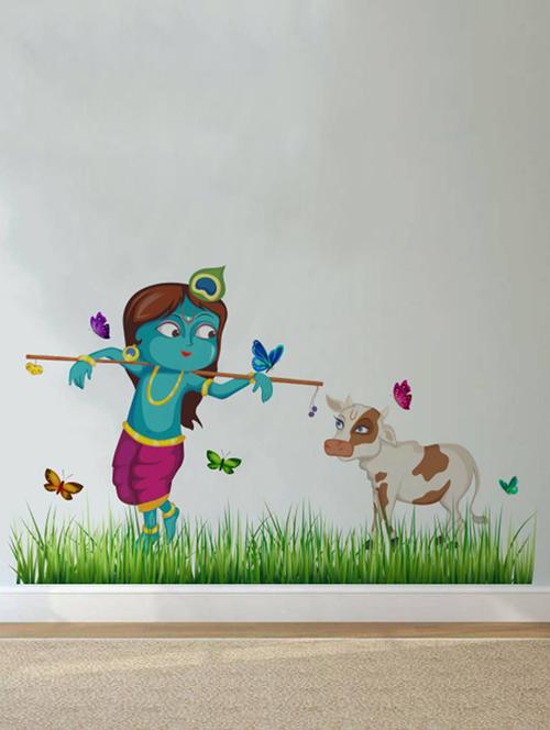 Rawpockets Wall Decals ' Lord Krishna Cow Grass Butterfly Story ' Wall stickers (PVC Vinyl) Multicolour - 15734146 - Standard Image - 1