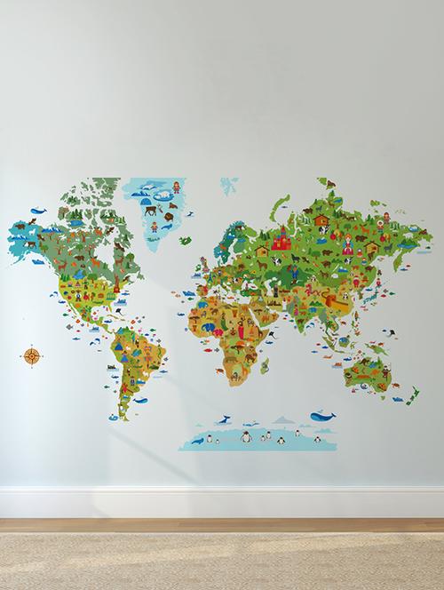 Rawpockets Wall Decals ' World Map With Animals ' Wall stickers (PVC Vinyl) Multicolour - 15734152 - Standard Image - 1