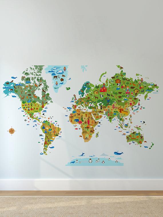 Rawpockets Wall Decals ' World Map With Animals ' Wall stickers (PVC Vinyl) Multicolour - 15734152 - Zoom Image - 1