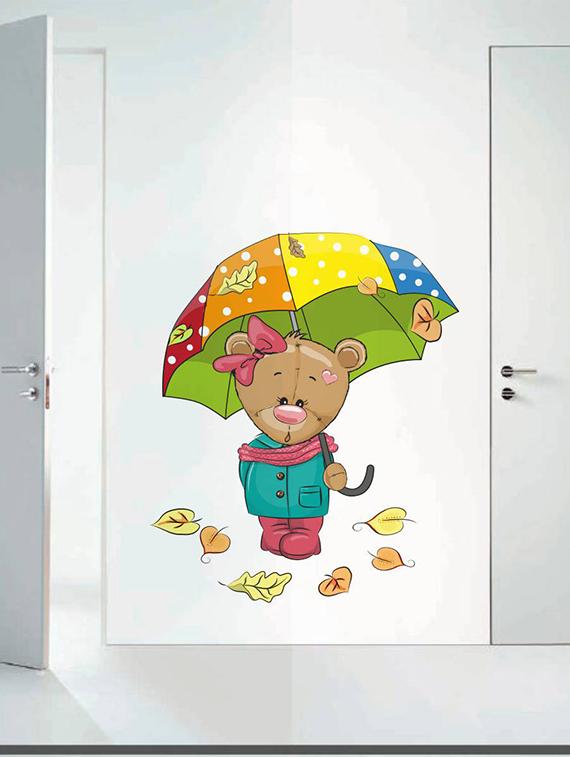 Rawpockets Wall Decals ' Bear with Umbrella Snow effect - Kids Room ' Wall stickers (PVC Vinyl) Multicolour - 15734181 - Zoom Image - 1