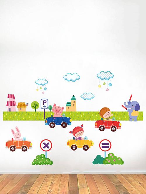 Rawpockets Wall Decals ' Animals and Kids Car Parking ' Wall stickers (PVC Vinyl) Multicolour - 15734192 - Standard Image - 1