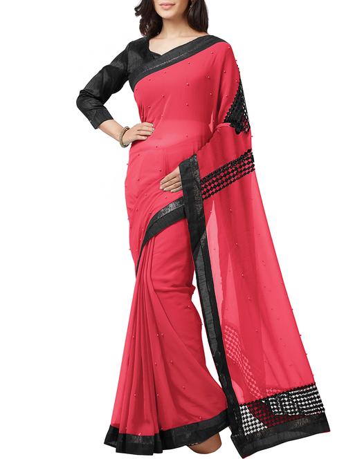 pearl embellished crimson saree with blouse - 15735291 - Standard Image - 1