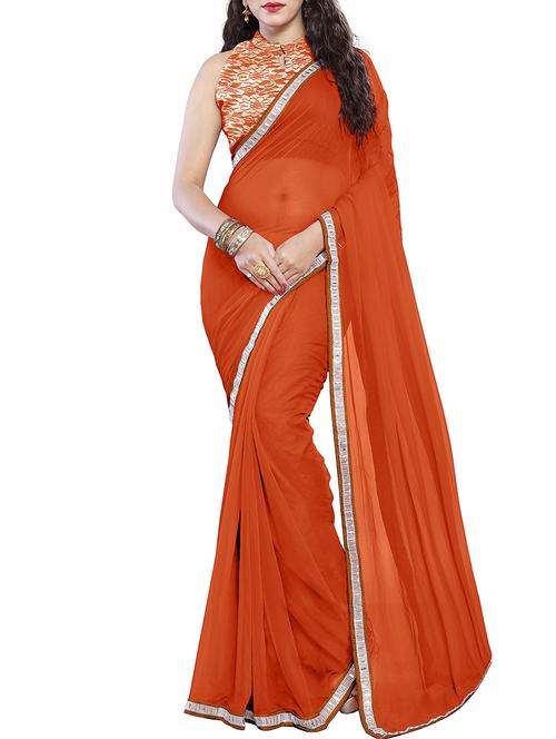 lace border orange saree with blouse - 15735292 - Standard Image - 1