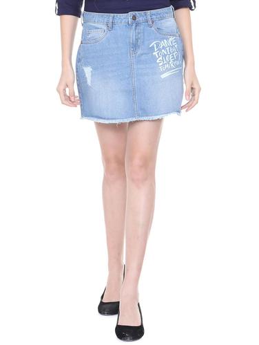 frayed hem slogan print denim skirt - 15735340 - Very Small Image - 1