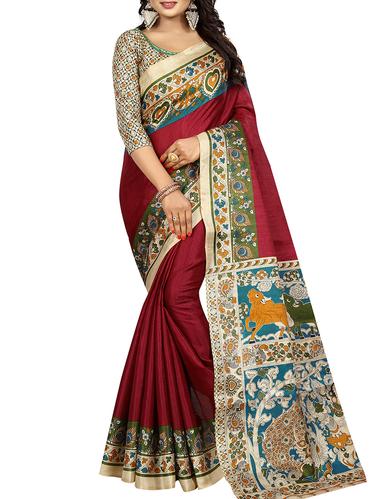 kalamkari printed border saree with blouse - 15735449 - Very Small Image - 1