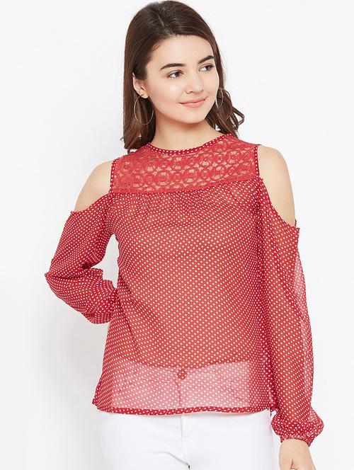 lace yoke polka dots top - 15735852 - Standard Image - 1