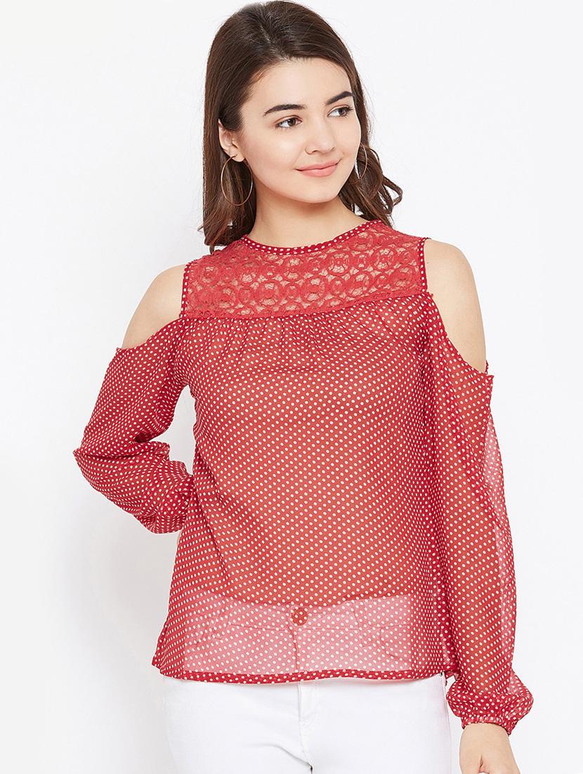 lace yoke polka dots top - 15735852 - Zoom Image - 1