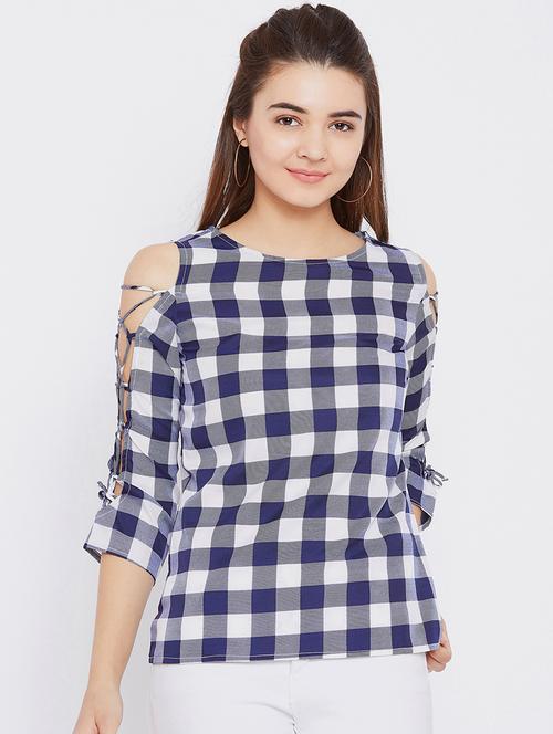 criss cross lace up sleeved checkered top - 15735860 - Standard Image - 1