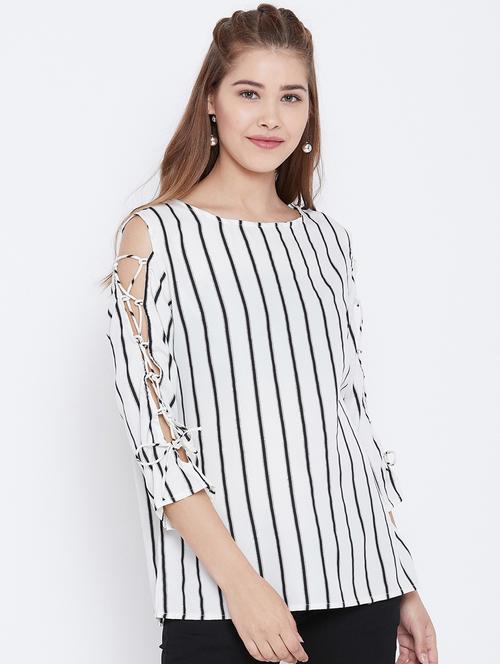 criss cross lace up sleeved striped top - 15735863 - Standard Image - 1