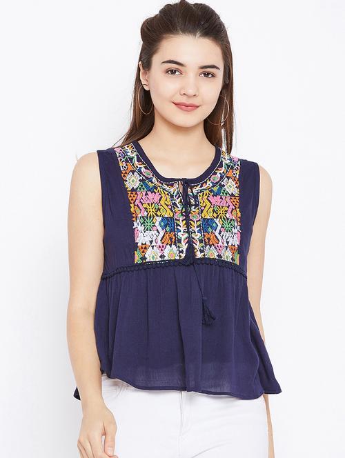 lace trim embroidered asymmetric top - 15735877 - Standard Image - 1