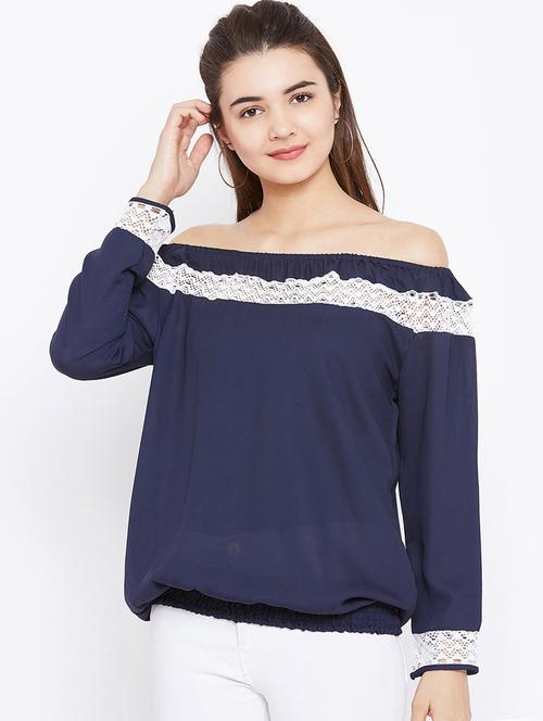 lace insert off shoulder top - 15735879 - Standard Image - 1