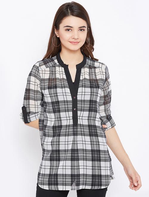 button detail checkered tunic - 15735892 - Standard Image - 1
