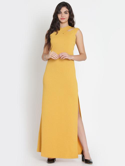 mustard x-neck high slit dress - 15736794 - Standard Image - 1